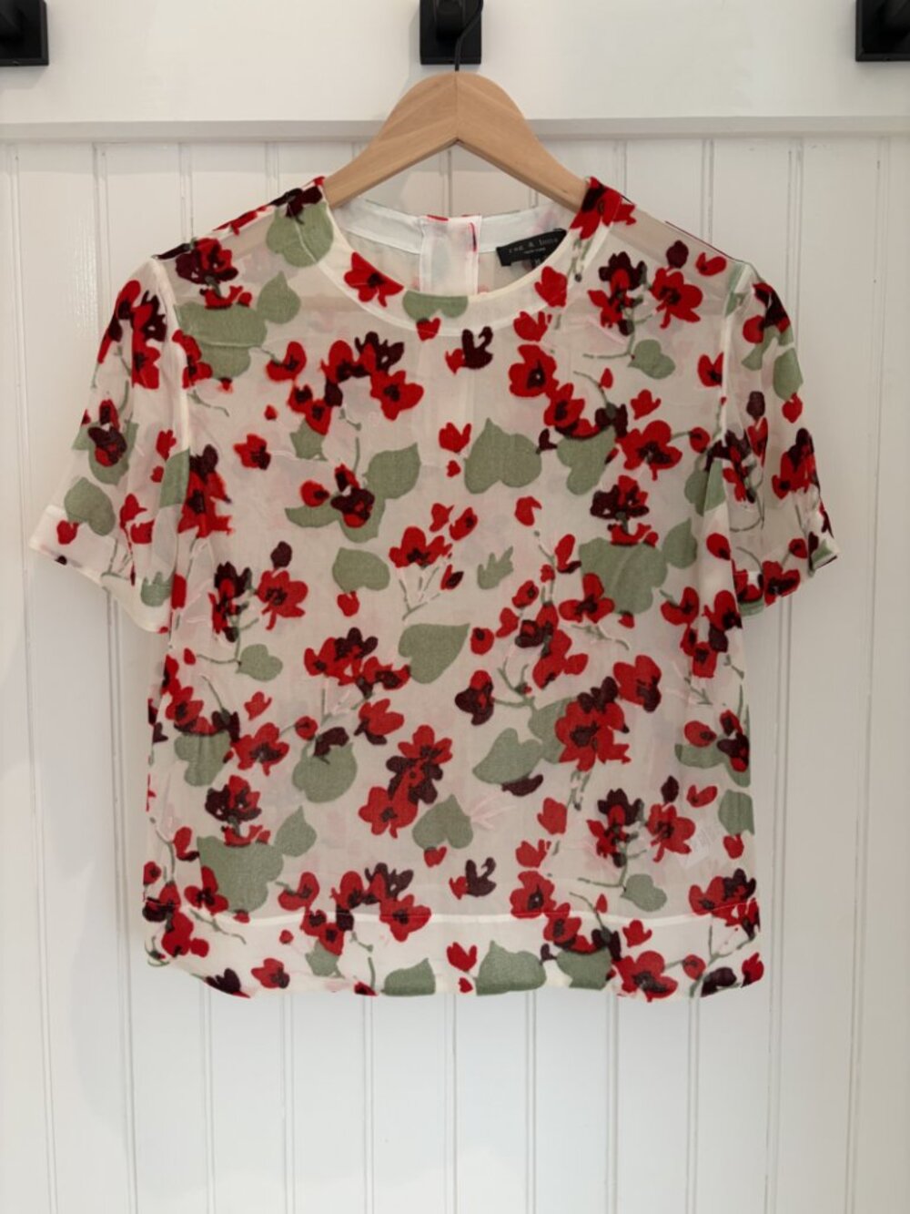 rag & bone Sheer Floral Silk Blend Boxy Blouse Red Ivory Green XS